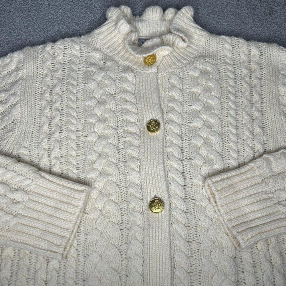J Crew Sweater Womens XXL Cream Cable Knit Cardigan Ruffle Neck Gold Buttons - Picture 4 of 16